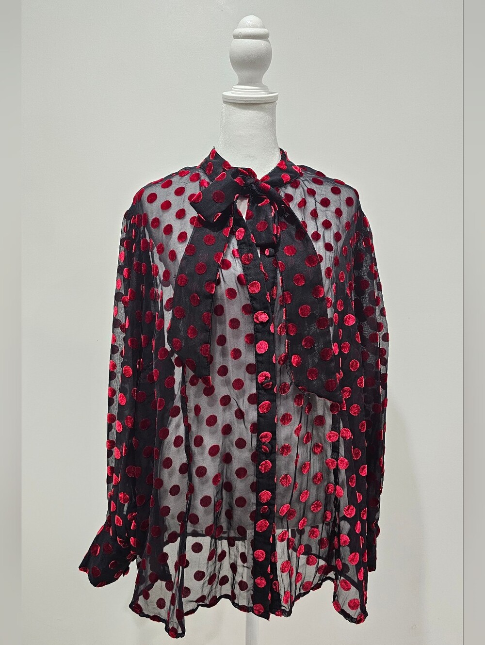 Unique Vintage Black Sheer Blouse with Red Velvet Polka Dots and Tie Neck